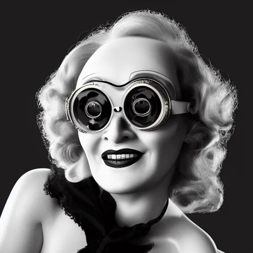 Prompt: dslr photo portrait still ofa young marlene dietrich wearing steampunk goggles, 8 5 mm, f 1. 8, photorealistic, 4 k, octane render, by wayne barlow,