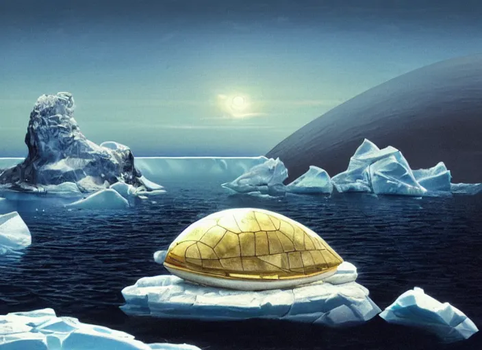 Prompt: a giant mega precious metals turtle egg sitting on an iceberg in Antarctica. -1 the night, cyberpunk art by Chesley Bonestell, cgsociety, retrofuturism, matte painting, reimagined by industrial light and magic