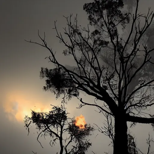 Prompt: photo of a tree with fire surrounding, scary, grey fog, dark sky