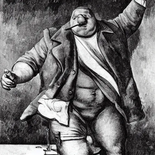 Prompt: ripped physique Portrait of Rush Limbaugh walrus politico standing atop a radio station whilst brandishing an acorn badge giorgio de chirico salvador dali giotto leonardo da vinci paul cezanne edward hopper