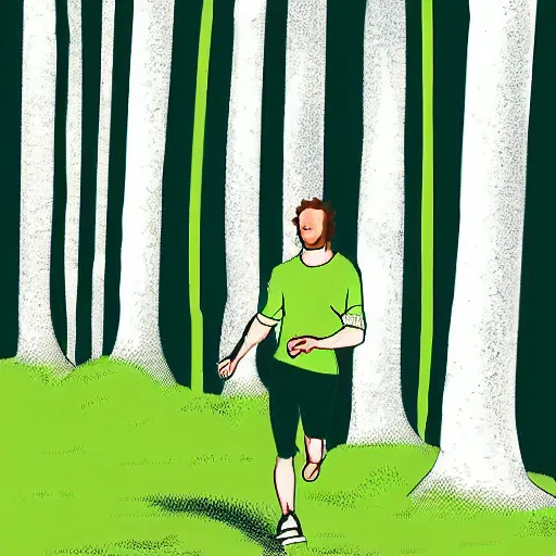 Prompt: a guy in acid-green athletic sneakers runs through a forest with tall trees, art by Tomine,