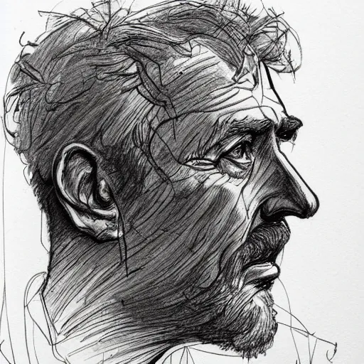 Image similar to a realistic yet scraggly portrait sketch of the side profile of a stern and sophisticated gigachad, trending on artstation, intricate details, in the style of frank auerbach, in the style of sergio aragones, in the style of martin ansin, in the style of david aja, in the style of mattias adolfsson