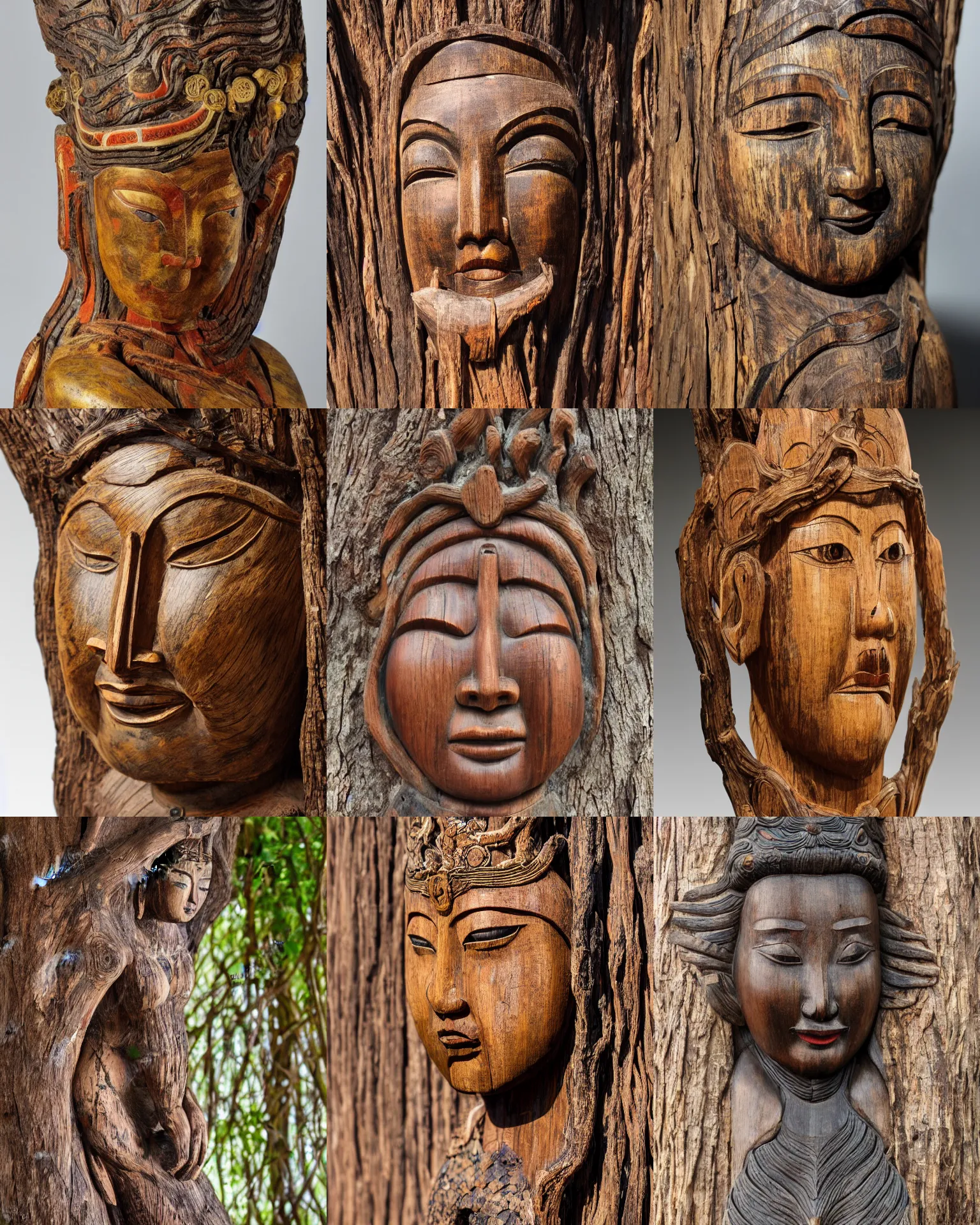 Prompt: a beautiful asian goddess portrait, wooden sculpture, emerging from the bark of an ancient tree, vines and cracked wood