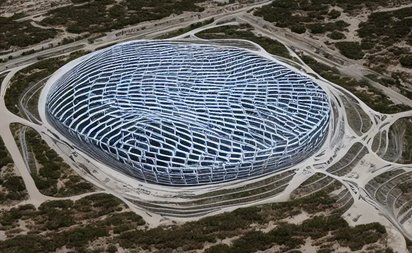 Prompt: parametric structure, medical complex, in the desert beside the gulf, view from above, design by kengo kuma, dezeen, architectural photography