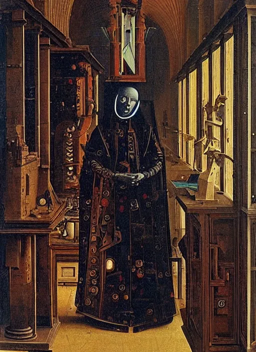 Image similar to a cybernetic priest jacking into the mainframe by Jan van Eyck