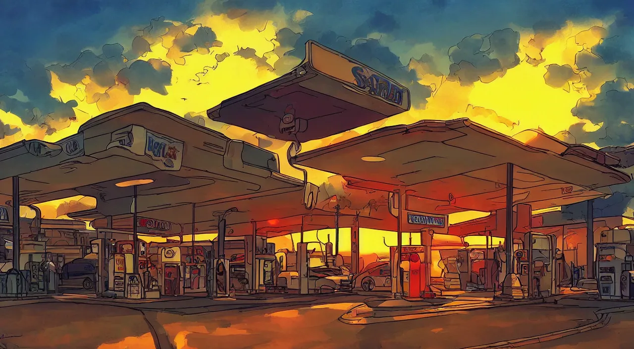 Image similar to gas station south west sunset beautiful artstation 4 k breathtaking concept art illustration cartoon by jack kirby