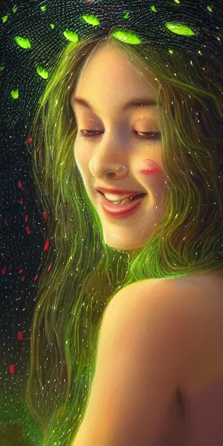 Image similar to infp young woman, smiling amazed, golden fireflies lights, sitting in the midst of nature fully covered, long loose red hair, intricate linework, bright accurate green eyes, small nose with freckles, oval shape face, realistic, expressive emotions, dramatic lights spiritual scene, hyper realistic ultrafine art by michael cheval, jessica rossier, boris vallejo