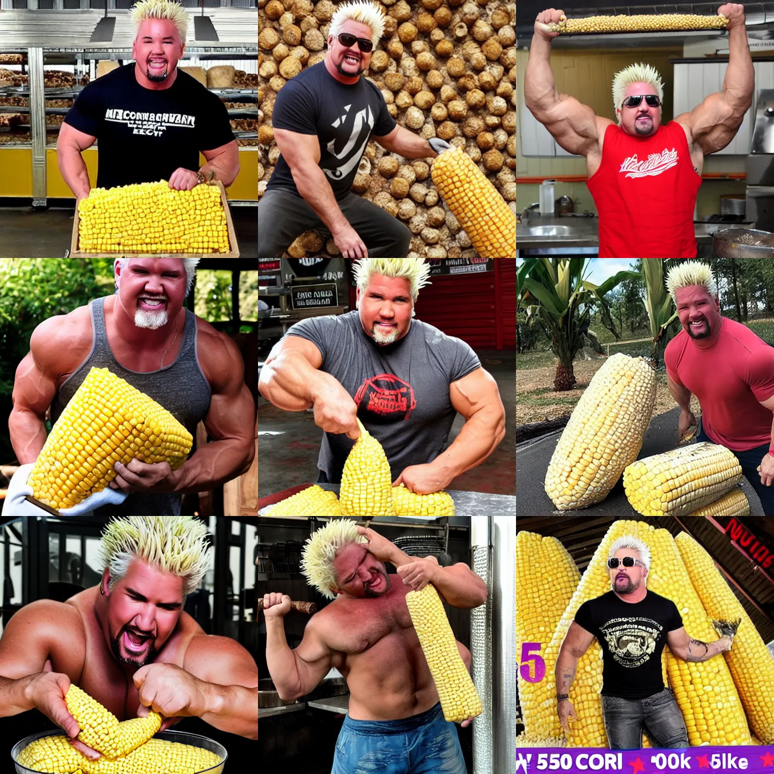 Prompt: muscular guy fieri cleans a 500kg cob of corn over his head
