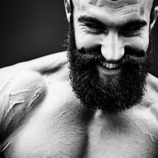 Image similar to black and white photography of a very muscular man smiling with a chiseled jawline and trimmed beard