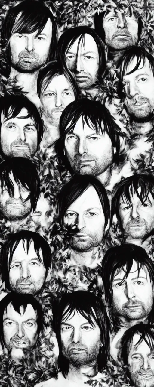 Image similar to disco diffusion portrait of Radiohead, hiding in the bushes looking shifty