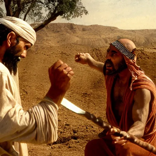 Image similar to cinematic still of angered middle eastern skinned man in ancient Canaanite farmer clothing stabbing a middle eastern skinned shepherd in ancient Canaanite shepherd clothing, garden background, directed by Christopher Nolan