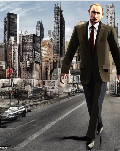 Image similar to a full body shot of vladimir putin wearing a jacket in gta 4, gta 4 loading screen artwork, highly detailed, trending on artstationhq