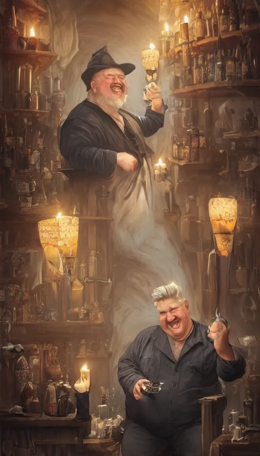 Image similar to david lynch as fat drunk tavern owner, laughing, candles, fame of thrones, warhammer, fibonacci, sweat drops, intricate fashion clothing, insane, intricate, highly detailed, surrealistic, digital painting, artstation, concept art, smooth, sharp focus, illustration, unreal engine 5, 8 k, art by artgerm and greg rutkowski and alphonse mucha