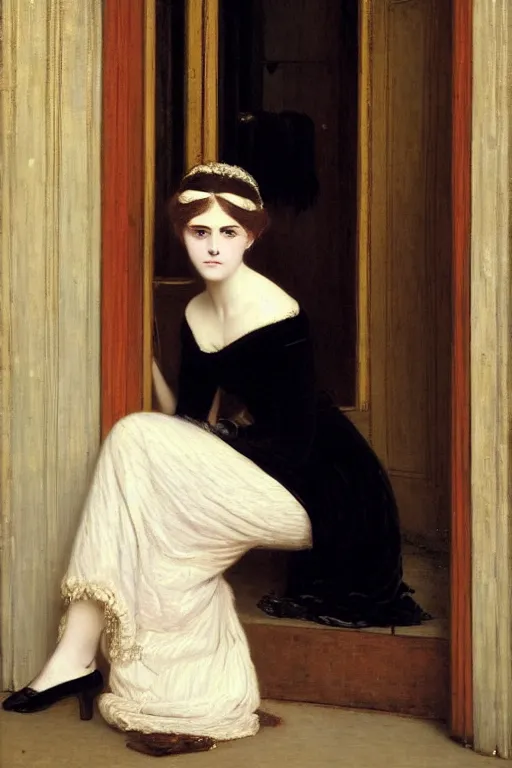 Image similar to lady in waiting by auguste toulmouche perfect detailed eyes, beautiful hands, pale skin, blonde hair, leaning on door, shift dress