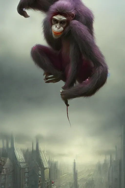 Image similar to miniature joker ape kid, realistic and ultra intricate detailed soft painting, volumetric lighting, mist, cityscape background, Artstation, Tom Bagshaw Yasushi Nirasawa Moebius artstyle, unreal render, depth of field,