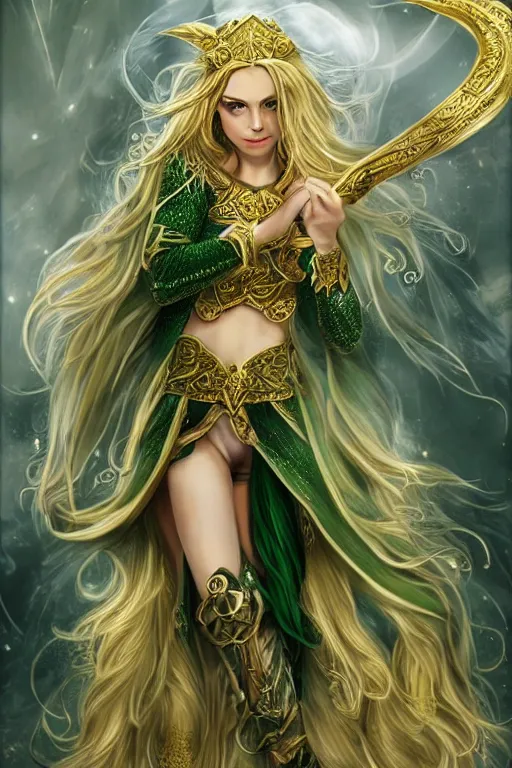 Prompt: fantasy, female, elf, fey - like, long curly hair, blond hair, warrior, dancer, green and white clothes, golden embossing, golden jewelry, swords, beautiful, elegant, portrait