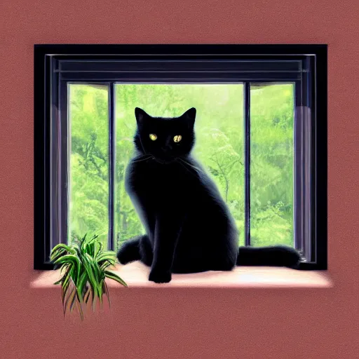 Prompt: peaceful dreamy painting of a content black cat sitting by a window, detailed face, sunshine coming through the window, small plants on the window sill, 4k resolution, highly detailed