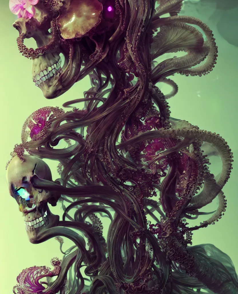 Image similar to goddess close - up portrait human skeleton, ram skull, squid phoenix jellyfish, orchid, betta fish, bioluminiscent, intricate artwork by tooth wu and wlop and beeple. octane render, trending on artstation, greg rutkowski very coherent symmetrical artwork. cinematic, hyper realism, high detail, octane render, 8 k