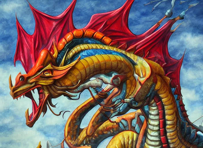 Image similar to The majestic rubber dragon has been punctured, and is now slowly deflating! Fantasy painting, colorful, somber, sorrowful