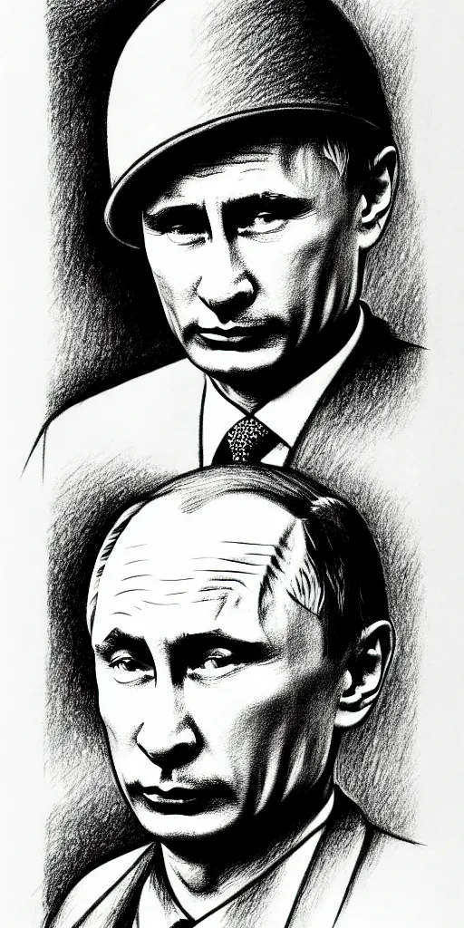 Image similar to vladimir putin with a nuclear mushroom cloud for a hat, cartoonish, ultra detailed pencil drawing, medium perspective