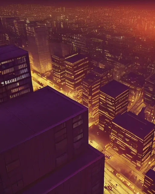 Prompt: an unreal engine rendered night rooftop scene, neon lights in the city below, close up shot of a photorealistic gangster wearing a trench coat looking at the city below, global illumination