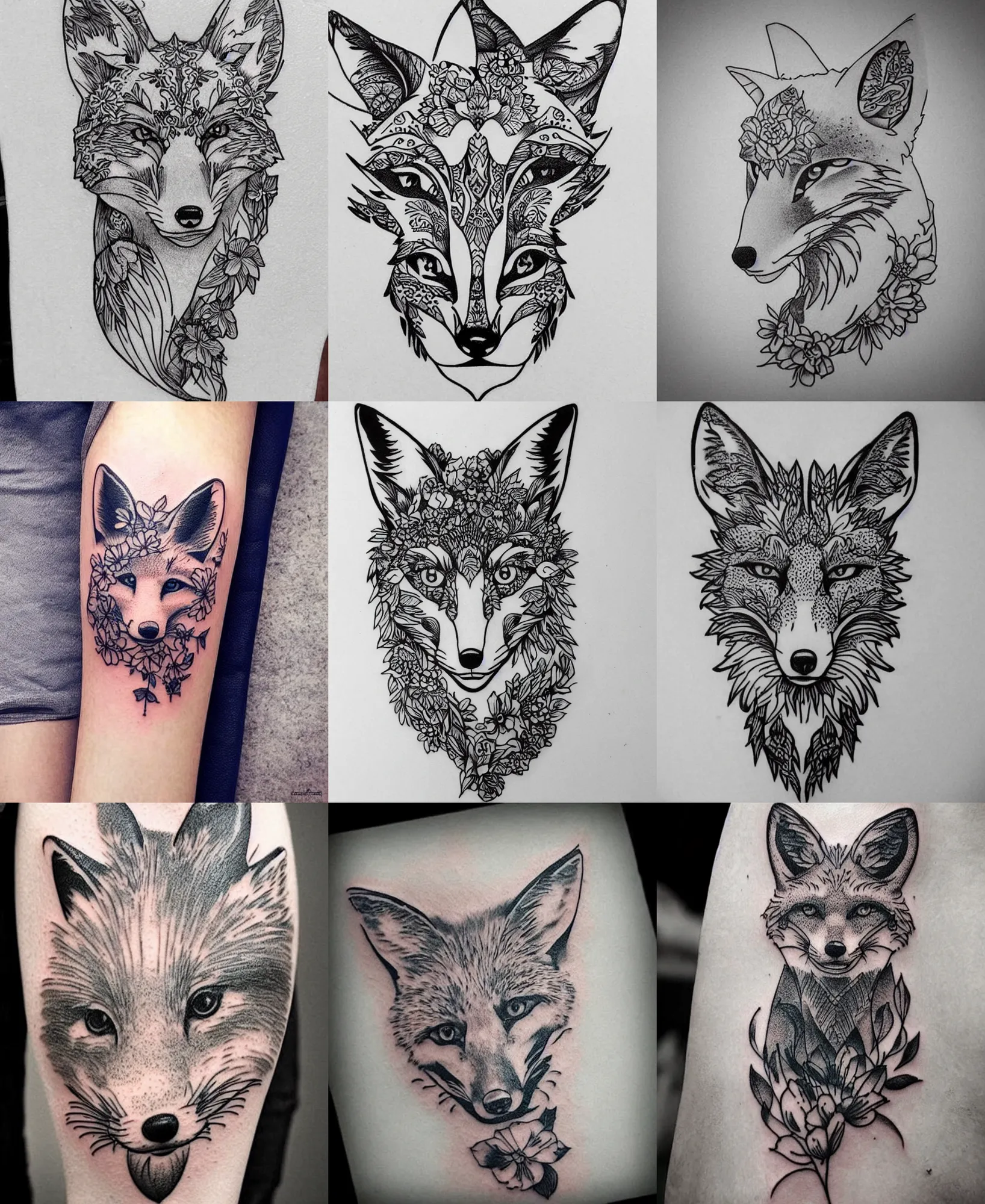 Image similar to amazing detailed tattoo stencil of a floral realistic fox