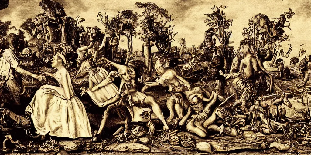 Image similar to refined dutch golden age photo pop surreal disturbing masterpiece in the style of robert williams,
