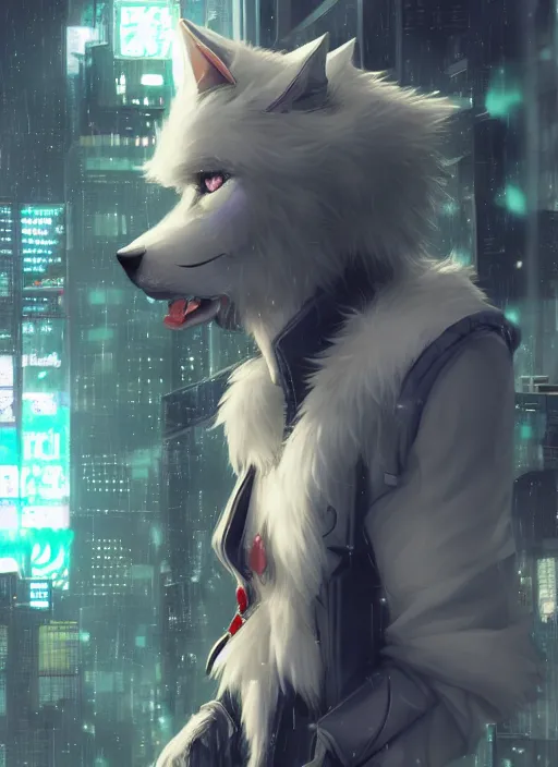 Image similar to character portrait of a male anthro white wolf fursona with a tail and a cute beautiful attractive furry face wearing stylish cyberpunk clothes in a cyberpunk city at night while it rains. hidari, color page, tankoban, 4K, tone mapping, Akihiko Yoshida.