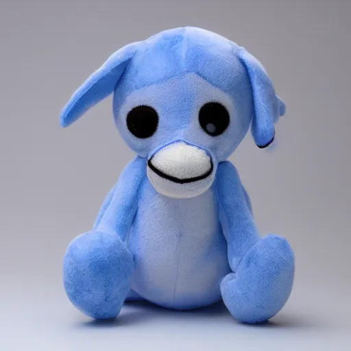 Prompt: adorable 3 eyed blue puppy plush toy