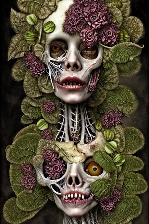 Prompt: very sad and detailed rotten woman corpse with fractal plants and fractal flowers and mushrooms growing around, face muscles, veins, arteries, bones, anatomical, skull, eye, ears, intricate, ornate, surreal, ray caesar, john constable, guy denning, dan hillier