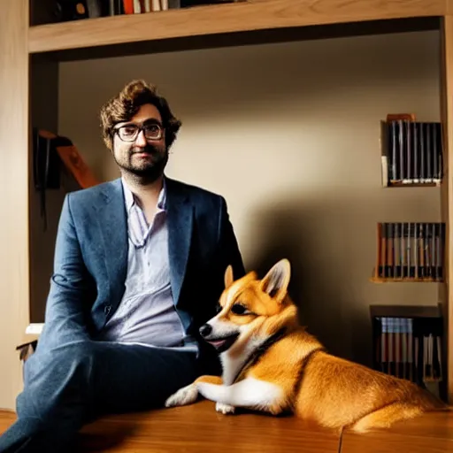 Image similar to slim Eric Wareheim with a corgi in an office, hyperrealistic, RPG portrait, ambient light, dynamic lighting, golden hour