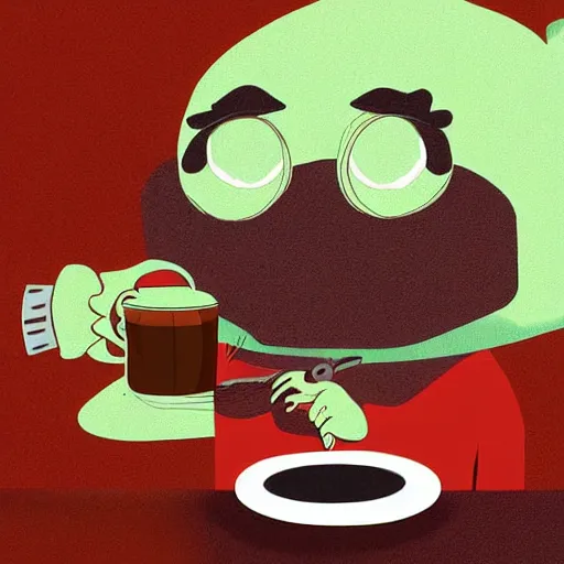 Image similar to Pepe drinking a coffee and closing his eyes, digital art