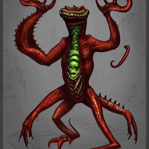 Image similar to big butcher anthropomorphic male lizardfolk posing scarily, scary angry pose, chasing you, bloody, covered in blood, fresh kill, cleaver, in a cave, earie setting, lovecraft eldritch horror, hyperdetailed, furaffinity, anthro art