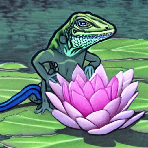 Prompt: a lizard sitting smiling on a water lily in a jungle. style of black clover