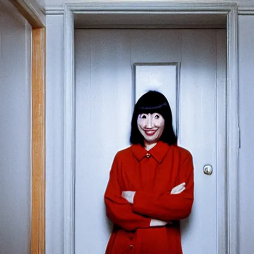Image similar to ceo of binance changpeng zhao as shelley duvall in the iconic shining movie door axe