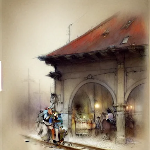 Prompt: (((((1800s train station . muted colors.))))) by Jean-Baptiste Monge !!!!!!!!!!!!!!!!!!!!!!!!!!!