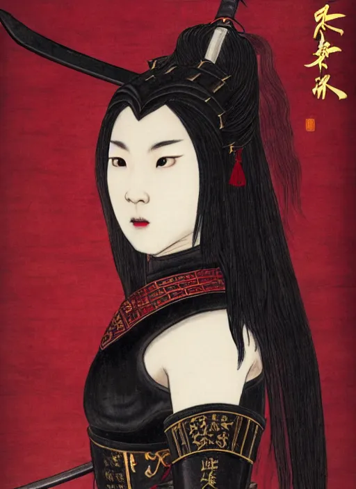 Image similar to full portrait of female vampire jinyiwei wearing black heavy armor and pointed helmet, stern, agile, elegant, imposing, jinyiwei, embroidered uniform guard, secret agent, detective, chinese armor, historical armor, pointed helmet, katana, nodachi, japanese sword, ming dynasty, detailed, realistic face, anatomically accurate, fantasy art.