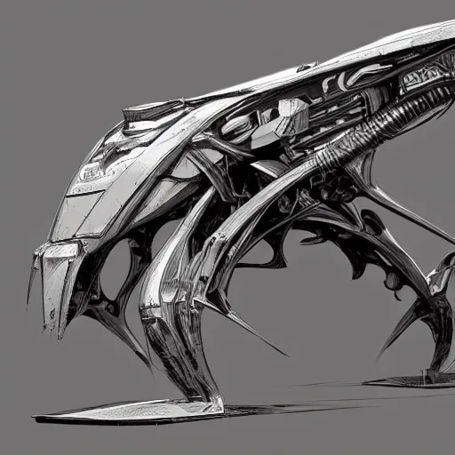 Prompt: futuristic scifi tech hardsurface shaped like a fossil, form exploration, big medium small, artstation, colored marker, syd mead, hr giger, concept art