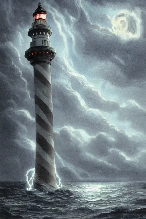 Prompt: detailed exterior shot of stormy desecrated foul lighthouse of alexandria, light of hell, moonlight shafts, swarm of bats, stormy atmosphere, in style of studio ghibli, cinematic lighting