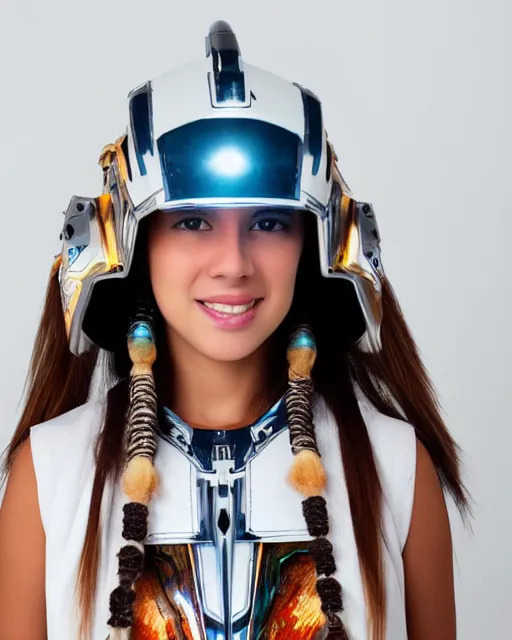 Image similar to centered medium shot fine studio photograph of a beautiful girl wearing only a mecha electronic native American indian helmet with bright lights, ultra-realistic, white background, 8k HDR sunset lit, intricate