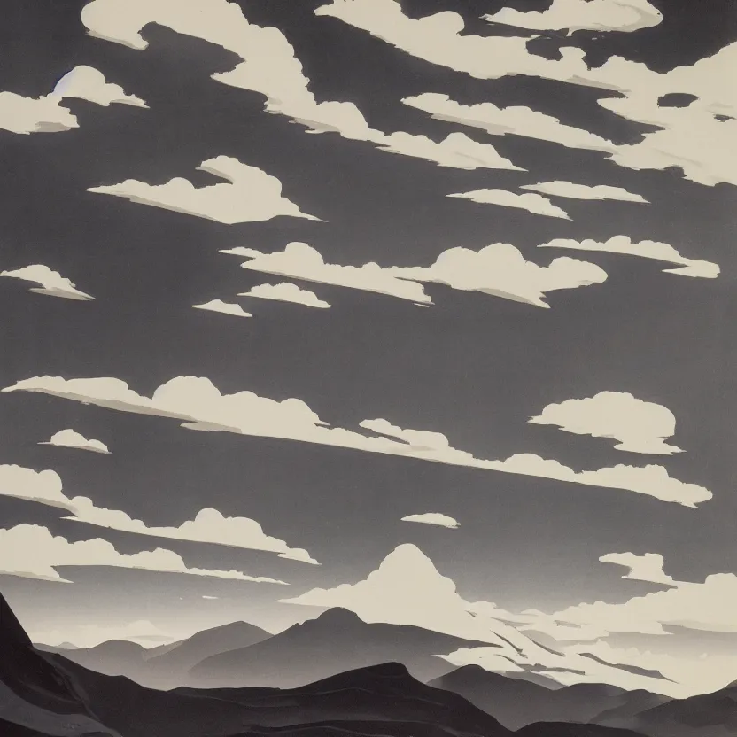Prompt: a landscape and clouds by ed mell.