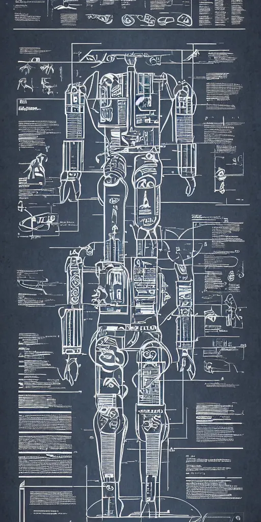 Prompt: robotic cowboy, blueprint, plans, infographic, poster, westworld, year 1850
