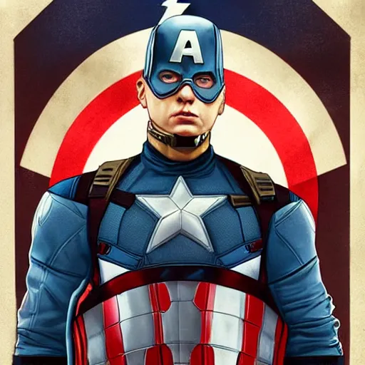 Prompt: Eminem as captain america, artstation, digital painting, detailed, illustration, art by Artgerm and Grek Rutkowski and Alphonse Mucha