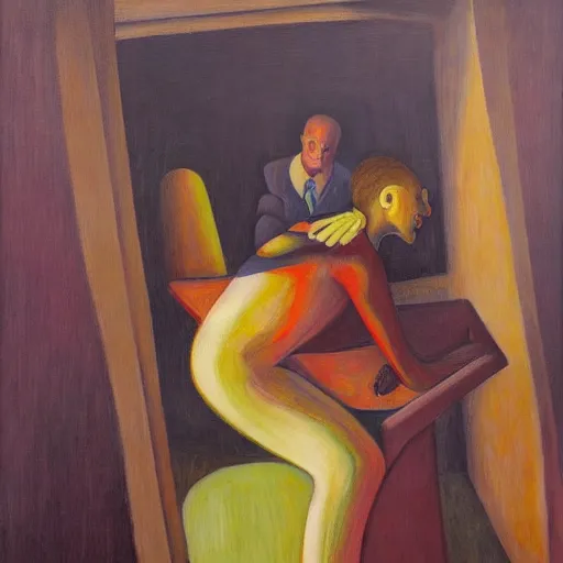 Prompt: fearful visage, portrait, peasant, cathedral, dystopian, pj crook, edward hopper, oil on canvas