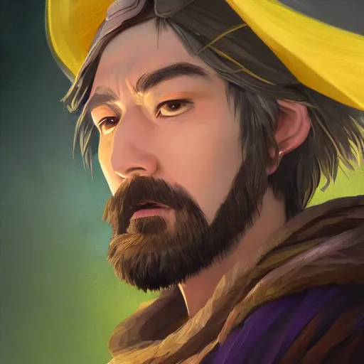 Image similar to A professional digital portrait painting of a D&D druid, painted by Hayao Miyazaki, 4k, digital art, trending on cgsociety, highly detailed, head and shoulders shot, shallow depth of field, purple and yellow lighting, professional lighting, airbrush,