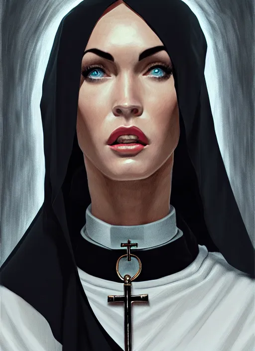 Image similar to portrait of megan fox as a evil nun with collar and leash, catholic, church, dark, intricate, headshot, key visual, conceptart, ambient lighting, highly detailed, digital painting, artstation, concept art, sharp focus, by makoto shinkai and akihiko yoshida and greg manchess