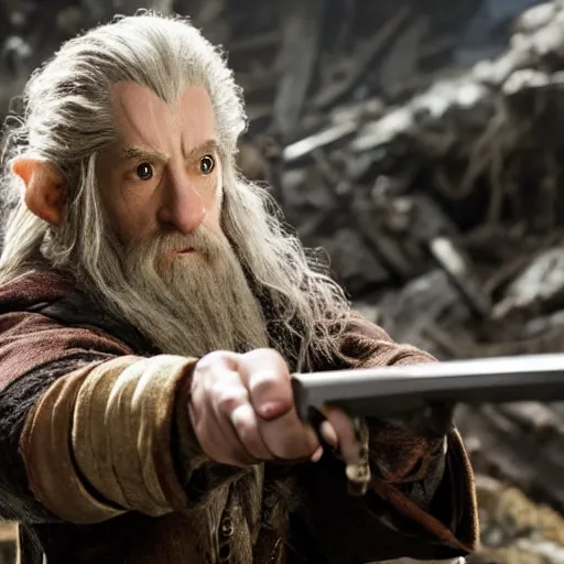 Image similar to deleted scene from the Hobbit Desolation of Smaug, Bilbo has a gun