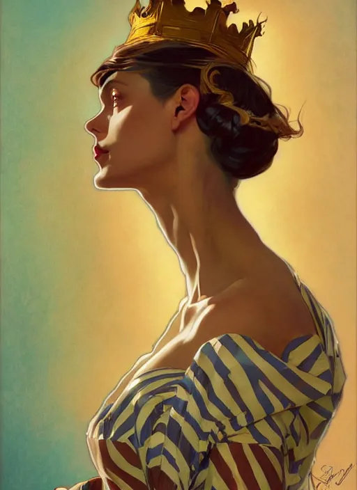 Image similar to leyendecker, brom, tiger striped high necked gown, lovely queen, portrait, long hair, small crown, feral languid woman, by greg rutkowski, anato finnstark, alphonse mucha, global illumination, radiant light