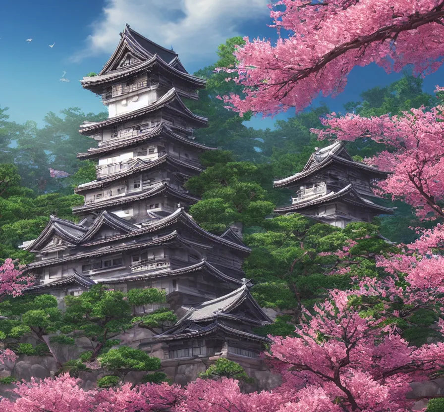 Image similar to realistic japan castle + sakura, pixel art, 3 d, unreal engine 5, wallpaper, 8 k, ultra detailed, realistic photo, artstation