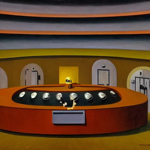 Image similar to portrait of an evil mastermind inside a dome - shaped control center, evil lair, grant wood, pj crook, edward hopper, oil on canvas